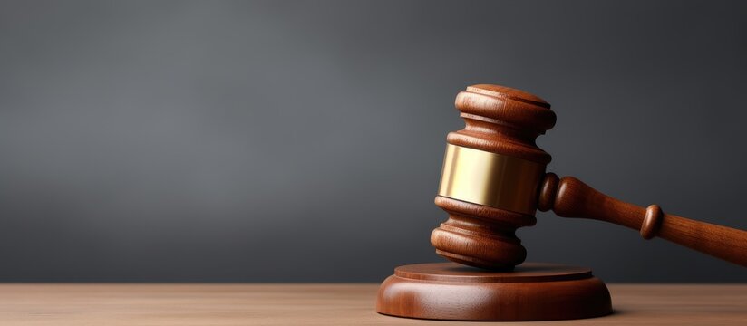 Wooden gavel on table with gray backdrop