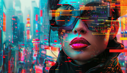 A woman with a red lip and sunglasses is the main focus of the image by AI generated image - obrazy, fototapety, plakaty