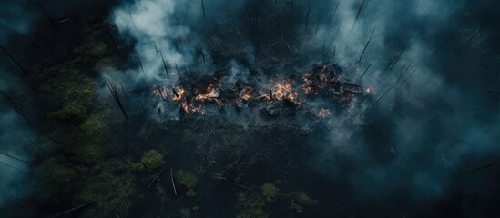 Forest fire blazing amidst trees - obrazy, fototapety, plakaty