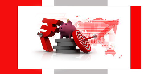 3d illustration Indian Currency sign with Piggy Bank near target
