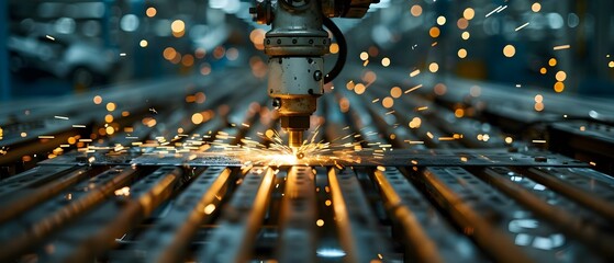 Precision in Motion: Robotic Welder on the Assembly Line. Concept Industrial Robotics, Welding Technology, Automated Assembly, Precision Manufacturing, Robotics in Production