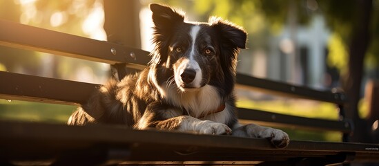 Dog resting on bench in shade - obrazy, fototapety, plakaty
