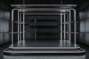 futuristic neonlit black shelving unit 3d product rendering