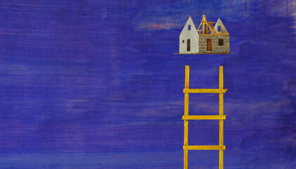 the dream of home ownership, model house under construction and ladder of success, conceptual image, large free copy