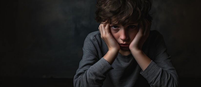 Boy distressed at table, hands on face