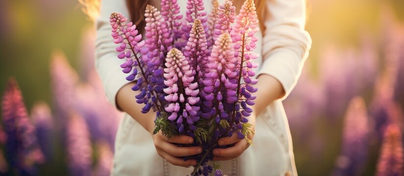 Little girl holding bouquet of purple lupins in nature field