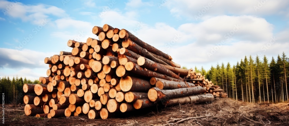 Poster logs stacked in a forest