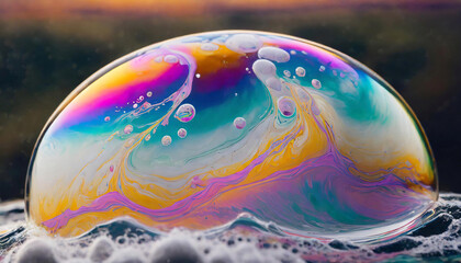 A close up view of Vibrant soap bubble displaying a spectrum of iridescent colors on a similar hued surface.