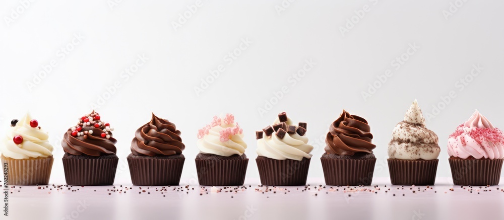 Poster Cupcakes with Various Toppings in a Line