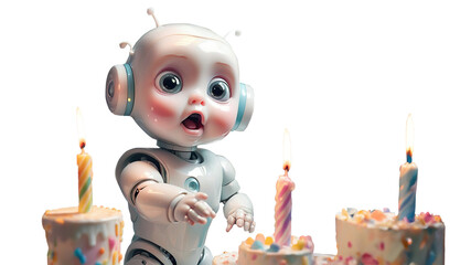 Artificial intelligence is still young. Symbolized by a white robot child with big astonished eyes. It is celebrating its birthday and has a birthday cake with 3 candles in the foreground.