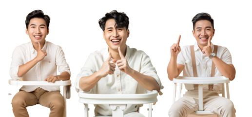 Happy Asian young man sitting on high chair holding finger isolated
