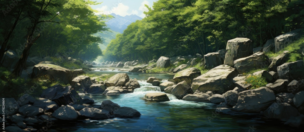 Poster forest stream flows through rocks and trees