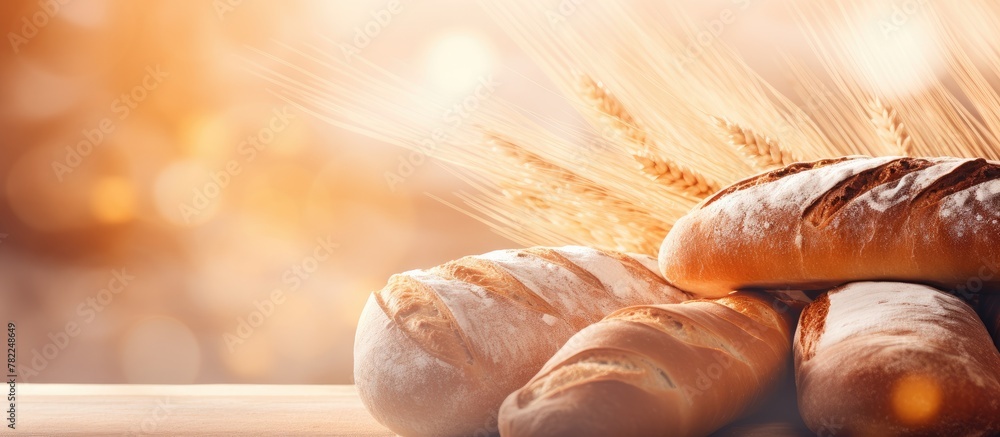 Poster breads and rolls on table with wheat