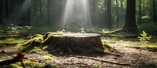 Sunlight filtering through trees onto old forest stump