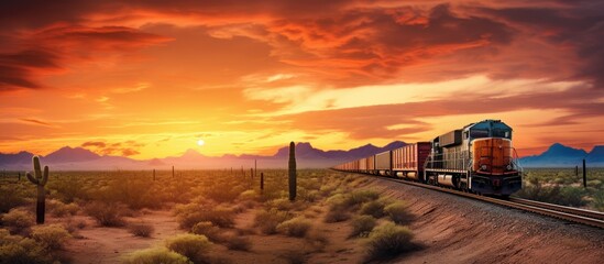 Freight train travels through Arizona desert at sunset