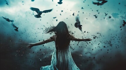 Sad woman becomes happy and free. People letting go of fears - obrazy, fototapety, plakaty