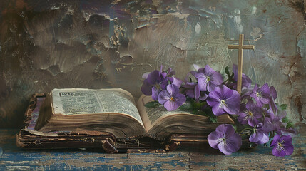 purple flowers on an old book with cross on background