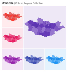 Mongolia map collection. Country shape with colored regions. Deep Purple, Red, Pink, Purple, Indigo, Blue color palettes. Border of Mongolia with provinces for your infographic. Vector illustration.