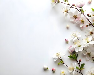 watercolor illustration of a tree with cherry blossom, flowers and branches spring background, flowers and leaves on white background.