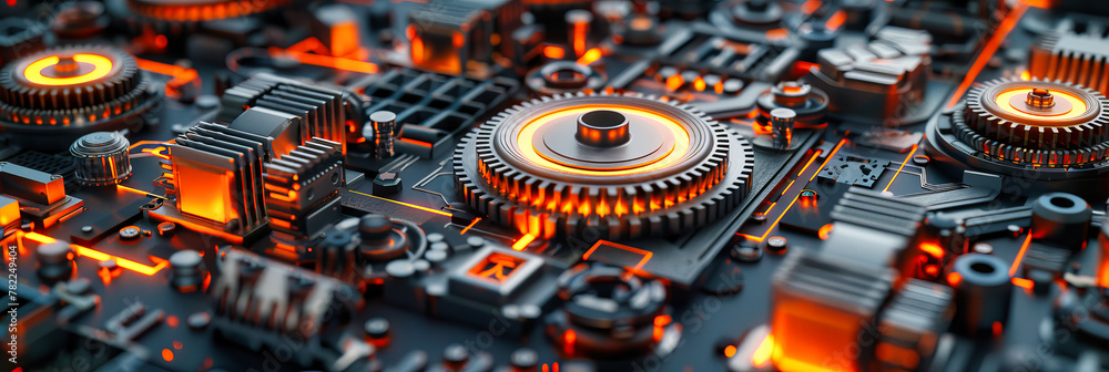 Poster high-tech circuit board close-up, digital technology and computing concept with processor and electr