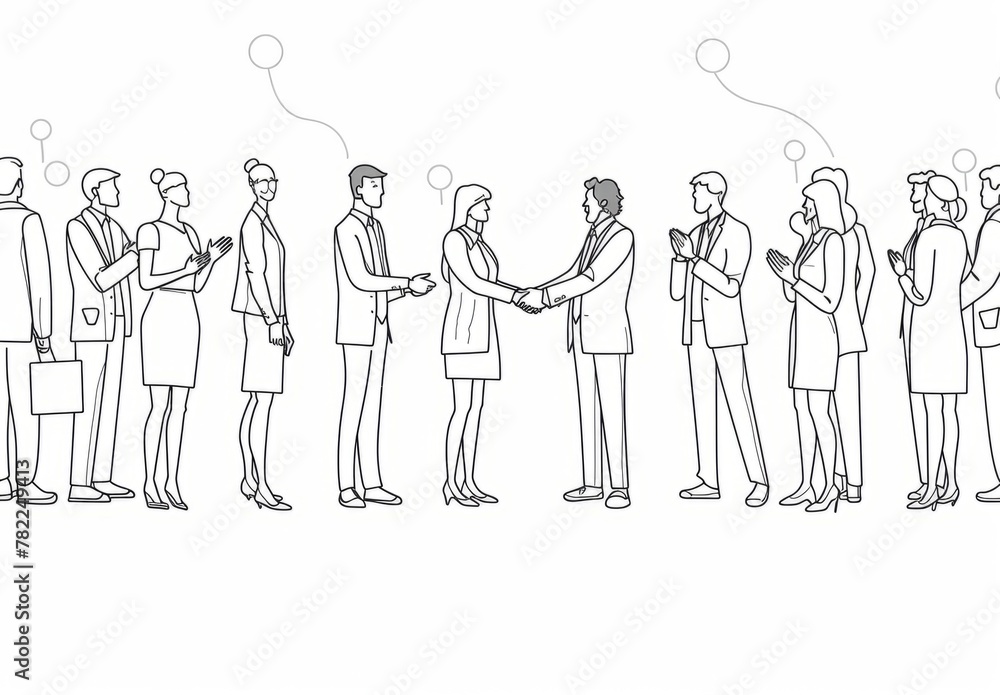 Poster a simple line drawing depicts people shaking hands with other businesspeople in the background, on a