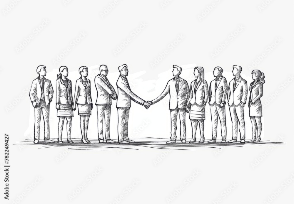 Poster a group of business people shaking hands in a line drawing with a white background in the minimalist