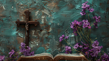 purple flowers on an old book with cross on background