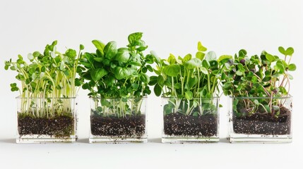Different types of microgreen in transparent glass container, healthy food and vegan diet concept, plant on a light background, banner photo, AI generated