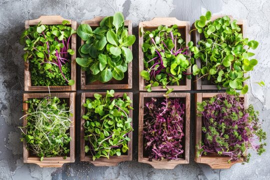 Different types of microgreen in wooden box or container, basilic, dill sprouts, radishes, peas, healthy food and vegan diet concept, plant on a light background, banner photo, AI generated