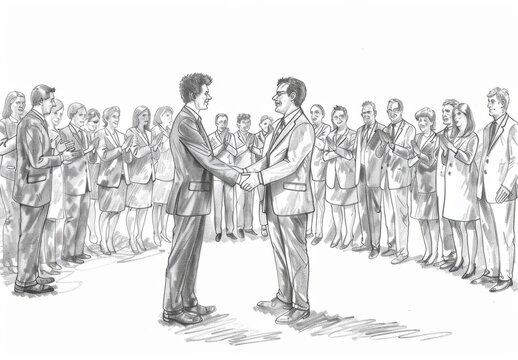 line art of business people shaking hands with each other, crowd clapping in the background hand drawn in the style of a sketchy drawing Generative AI