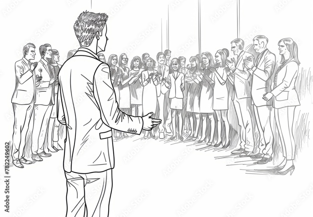 Poster line drawing of business people shaking hands with each other, crowd clapping in the background, whi
