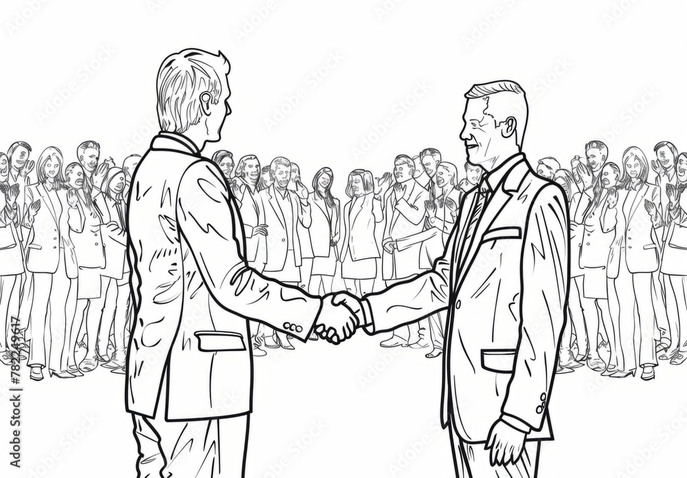 Poster line drawing of business people shaking hands with each other, crowd clapping in the background, whi