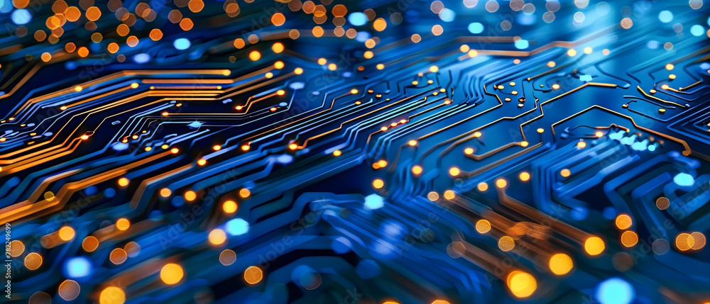 Poster high-tech digital circuit, blue motherboard design, advanced computing and electronics concept backg