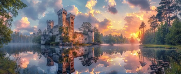 Majestic castle amidst a serene lake, surrounded by lush forests under a dramatic sunset sky. The reflection in the water amplifies its enchanting beauty.