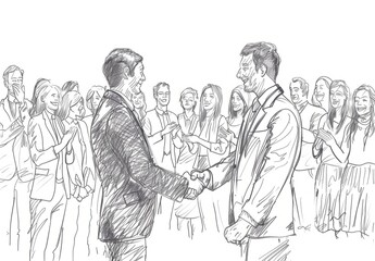 line drawing of business people shaking hands with other audience members clapping in the background, whiteboard style illustration Generative AI
