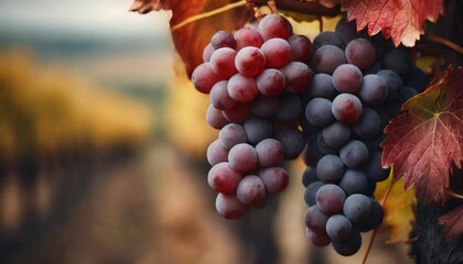 Close-up of bunches of ripe red wine grapes on vine in fall, vineyard, wine banner background...