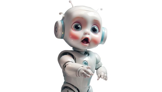 Artificial intelligence is still young. Symbolized by a white robot child with big astonished eyes. Cut-out figure. Concept for the beginnings of AI.