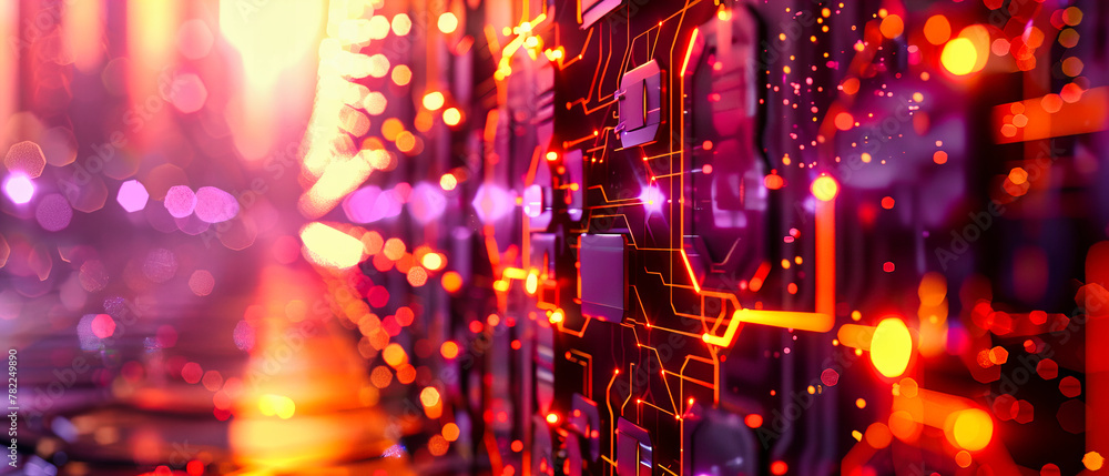 Poster high-tech digital circuitry, abstract background of computer systems and network connections in blue