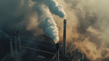 Smoke bills from industrial chimneys, polluting the air and leading to respiratory issues in nearby communities