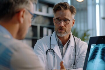 A mature male doctor in glasses discusses a chest x-ray with a patient