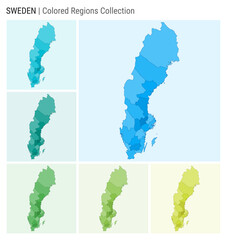 Sweden map collection. Country shape with colored regions. Light Blue, Cyan, Teal, Green, Light Green, Lime color palettes. Border of Sweden with provinces for your infographic. Vector illustration. © Eugene Ga