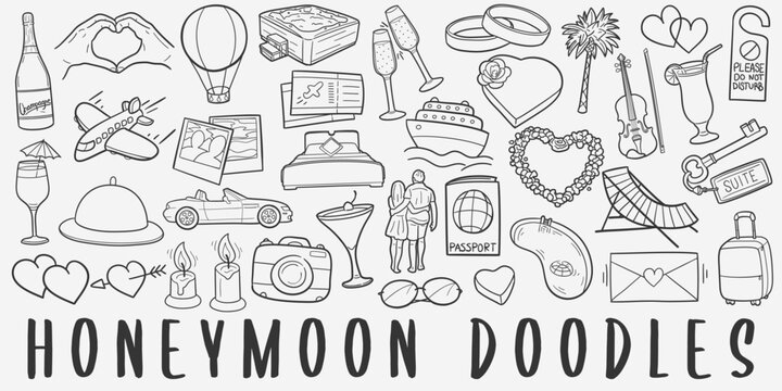 plantHoneymoon doodle icon set. Just Married Vector illustration collection. Vacations Banner Hand drawn Line art style.	
illaBannerLong