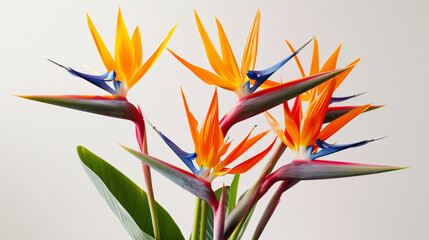 A cluster of bird of paradise flowers with vivid