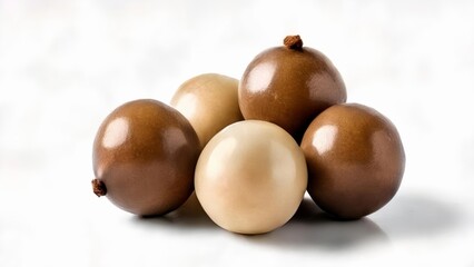  A collection of six shiny brown and white eggs - obrazy, fototapety, plakaty