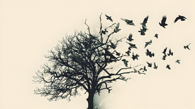 Tree Branches Transforming into a Flock of Birds in Graceful Flight,Depicting the Seamless Transition of Life in Nature