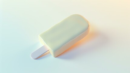 3D rendering of a vanilla ice cream bar on a white background. The ice cream bar is smooth and creamy, and the popsicle stick is made of wood.