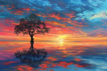 majestic lone tree silhouetted against vibrant sunset sky reflected in calm sea breathtaking seascape oil painting