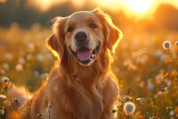 Joyful Golden Retriever Basks in Sunrise Glow. Concept Pets, Golden Retriever, Sunrise Glow,...