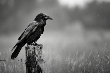 Fototapeta premium majestic raven perched on weathered fence post surveying territory powerful black and white nature photography