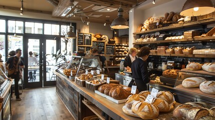 The image shows a bakery with a variety of breads on display. There are also several people in the image, including a baker and a customer. - Powered by Adobe